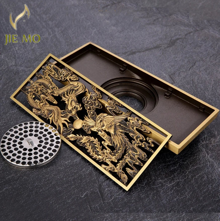 Bathroom Floor Drain Copper Antique Dragon Phoenix Picture Cover Large Displacement Floor Drain 20cm Long Strip Odor-Proof Drain