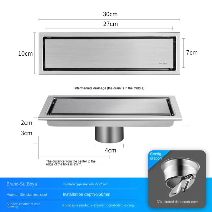 Luxury Hidden 304 Stainless Steel Rectangular Floor Drain Bathroom Toilet Drain Anti-Odor Filter Hair Extended Floor Drain
