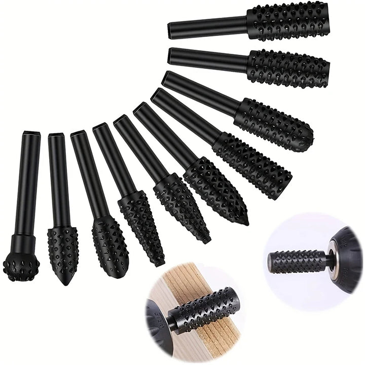 Wood Carving File Rasp Drill Bit, 1/4" 6mm Rotary Rasp Drill Bit Set, Woodworking Rotating Embossed Chisel Shaped Shank Tool
