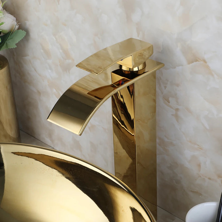 KEMAIDI Bathroom Vessel Sink 16 Inch Gold Ceramic Sink Bowl With Faucet Oval