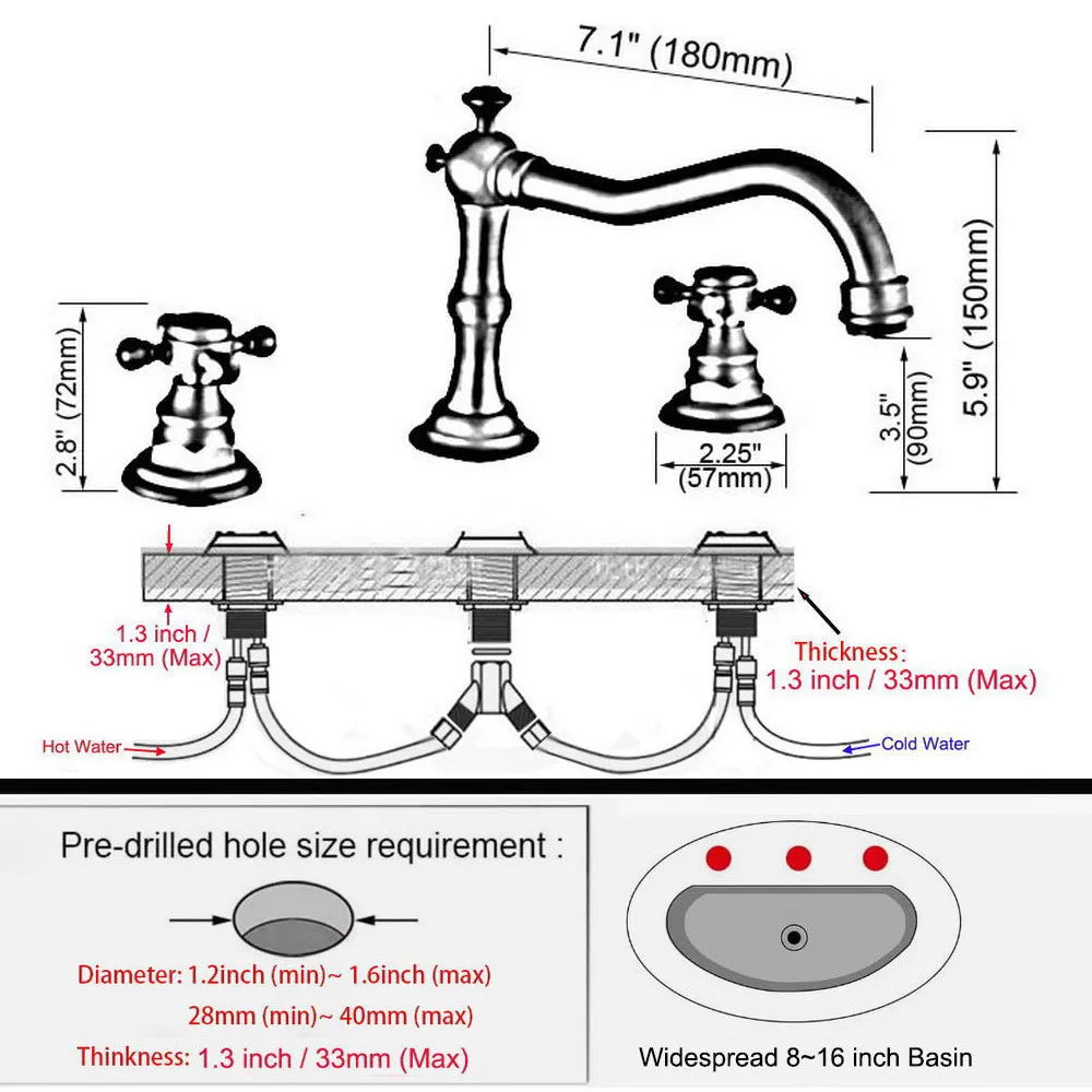 Bathroom Basin Faucet 3 Hole Deck Mounted Dual Handle Hot Cold Mixer Water Tap Brass Basin Sink Faucet Nzh041