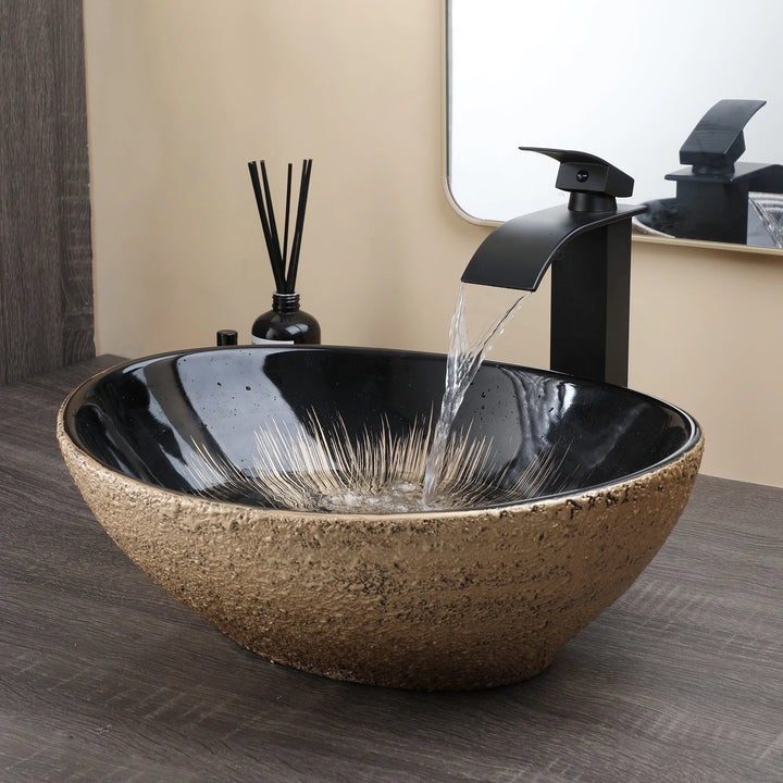 KEMAIDI Oval Vessel Sink with Faucet White Marbling Bathroom Vessel Sinks Above Counter  Ceramic Vessel Sinks for Bathroom Mixer