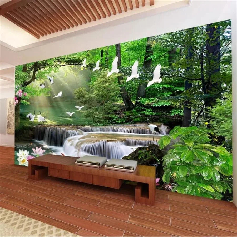 3D Custom Mural Wallpaper - Window Sea View with Red Flowers Stone Path Small Island Garden Lake Background wall for Home Decor