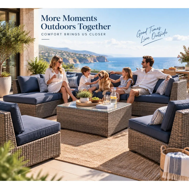 Modern Outdoor Rattan Lounge Set, Weatherproof PE Wicker Sofa & Coffee Table for Sales Office Display, Courtyard Garden