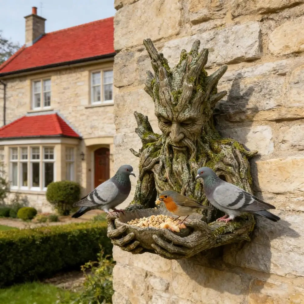 Mounted on Tree Bird Feeder Tree Face Bird Feeder Weatherproof Resin Decorative Birdseed Holder for Garden Backyard