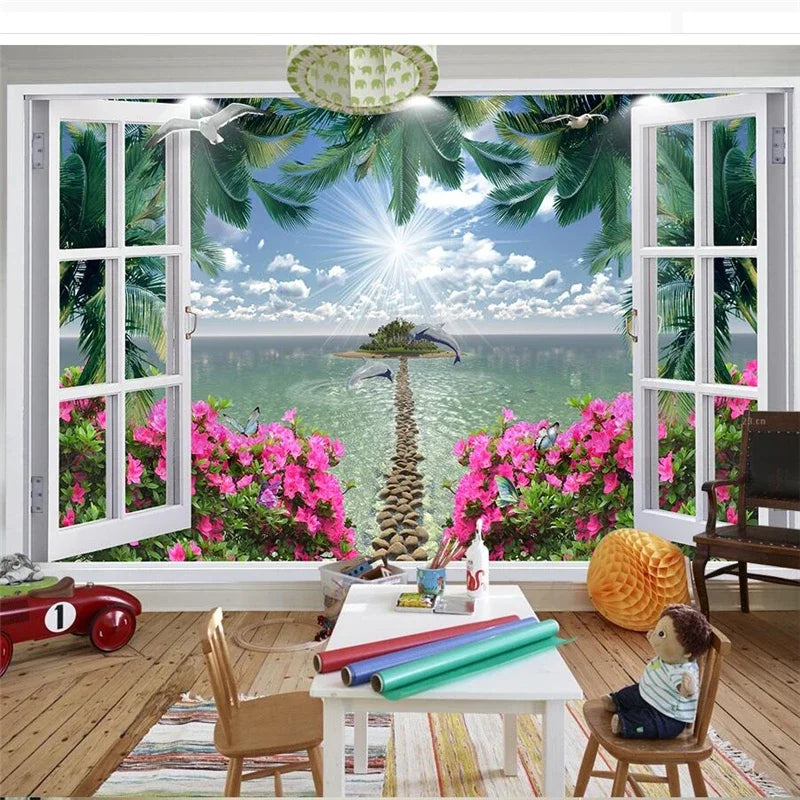 3D Custom Mural Wallpaper - Window Sea View with Red Flowers Stone Path Small Island Garden Lake Background wall for Home Decor