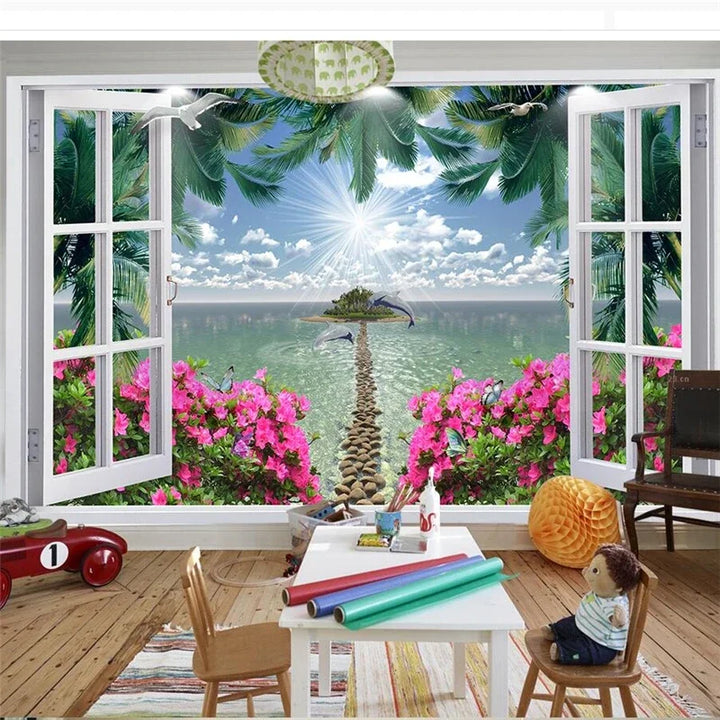 3D Custom Mural Wallpaper - Window Sea View with Red Flowers Stone Path Small Island Garden Lake Background wall for Home Decor