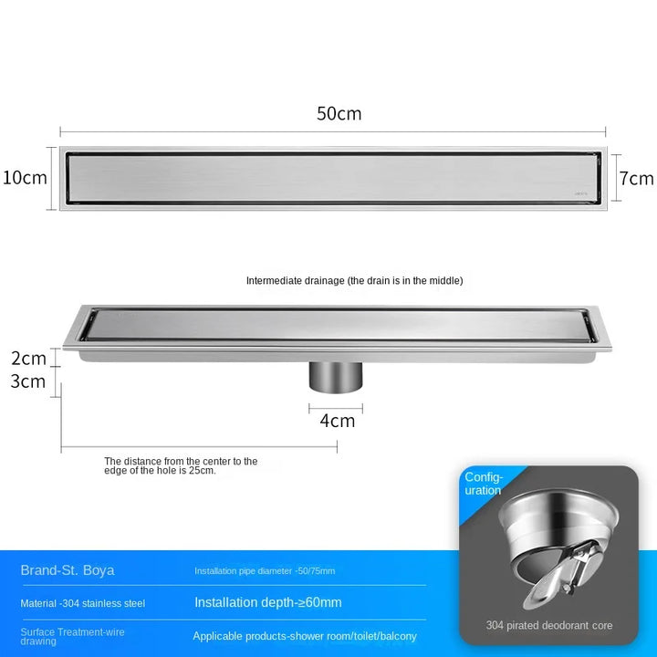 Luxury Hidden 304 Stainless Steel Rectangular Floor Drain Bathroom Toilet Drain Anti-Odor Filter Hair Extended Floor Drain
