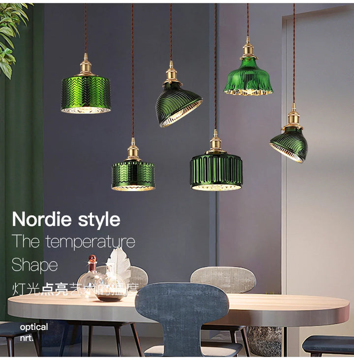Suspension Green Stripe Glass Chandelier E27 Restaurant Pendant Light For Dining Room Kitchen Cafe Bedside Hanging Lamp Fixtures
