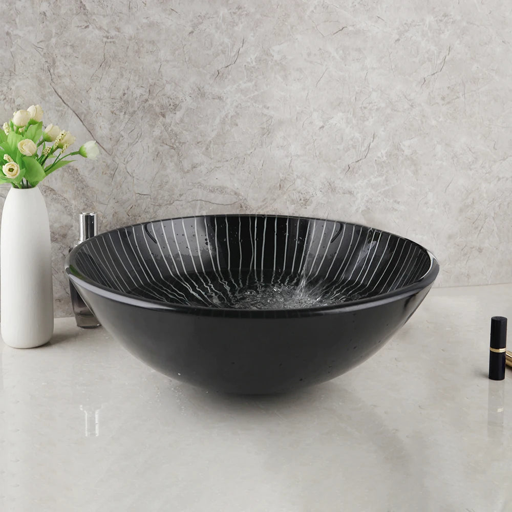 KEMAIDI Black Striped Tempered Glass Vessel Sink Set, Multi-Shape Bathroom Basin with Single-Handle Faucet Deck Mounted Vessel
