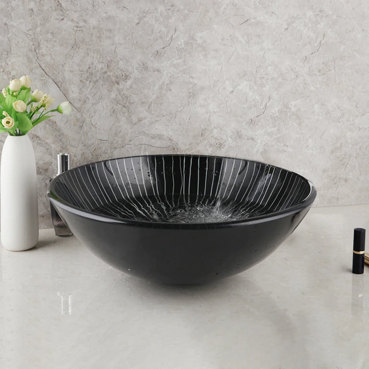 KEMAIDI Black Striped Tempered Glass Vessel Sink Set, Multi-Shape Bathroom Basin with Single-Handle Faucet Deck Mounted Vessel