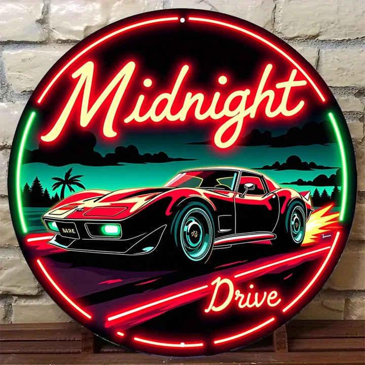 Vintage Neon Car Sign Midnight Drive – Retro Automotive LED Art Metal Sign with Red & Green Lights, Round Metal Wall Decor