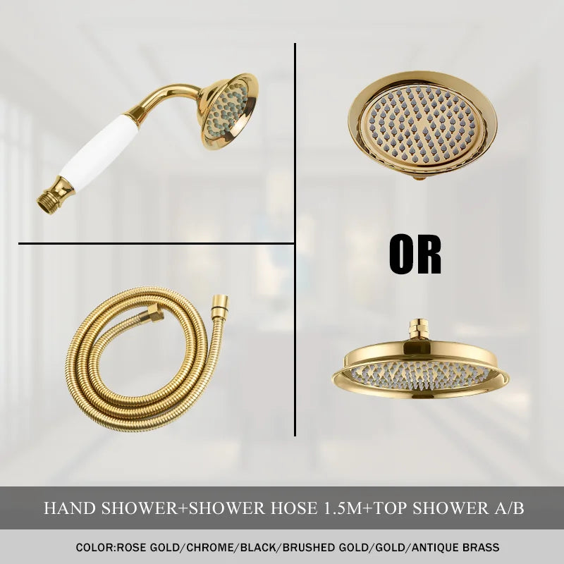 Brass Golden Rainfall Shower Head Rose Gold Handheld Shower Bathroom