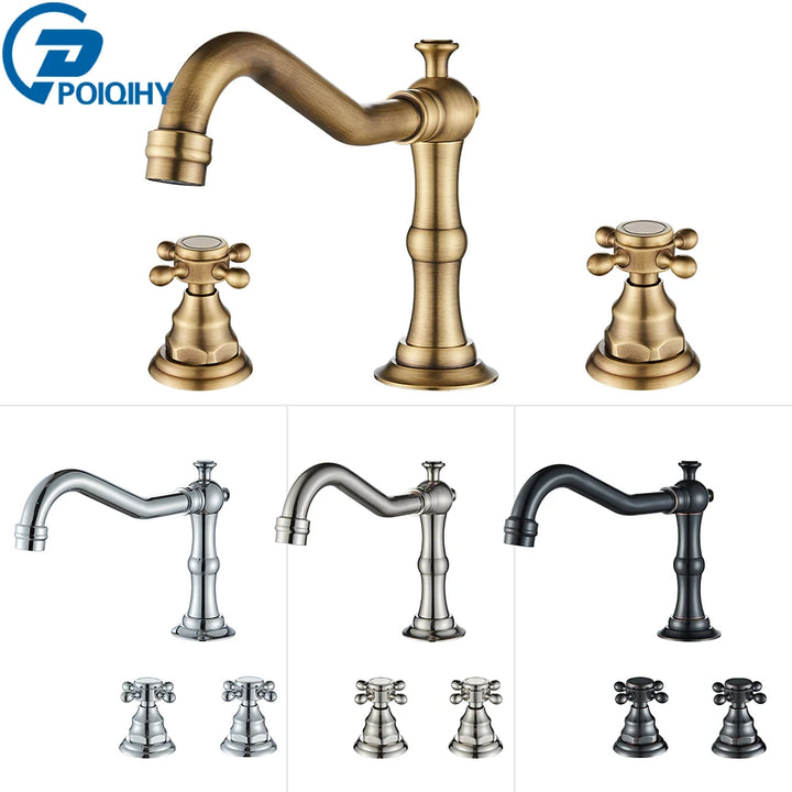 Antique Brass Bathroom Mixer Taps Widespread Basin Faucet Dual Handles Hot and Cold Tap Deck Mounted Brass Basin Sink Faucet