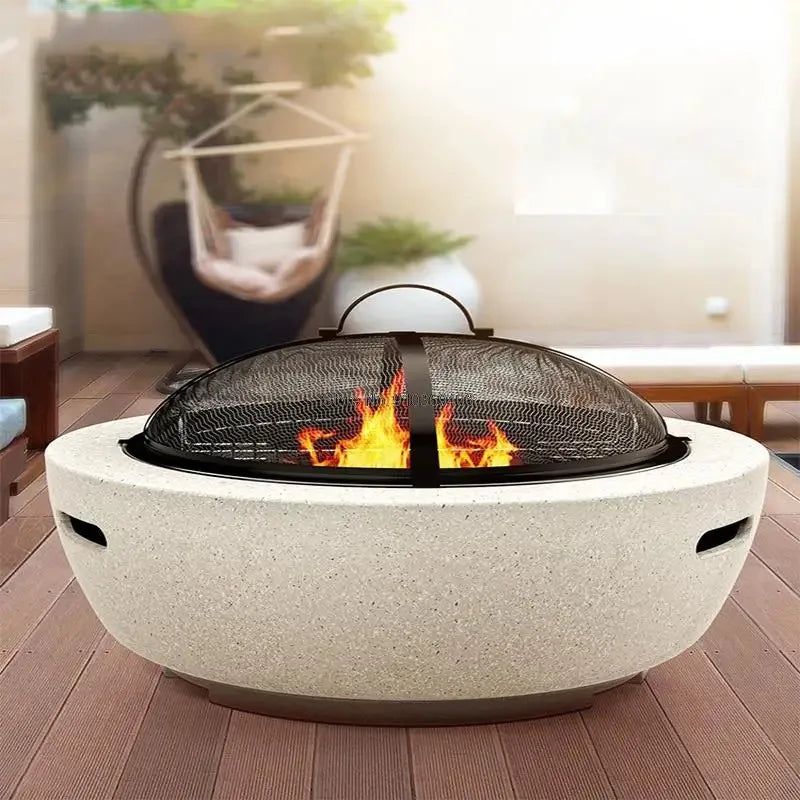 Round Outdoor Fire Pit Table Household Charcoal Brazier Garden Courtyard Barbecue Grill with Mesh Enclosure and Barbecue Net