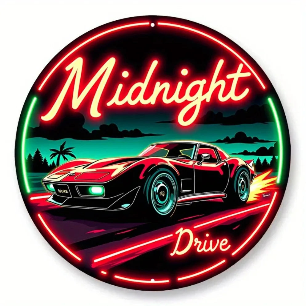 Vintage Neon Car Sign Midnight Drive – Retro Automotive LED Art Metal Sign with Red & Green Lights, Round Metal Wall Decor