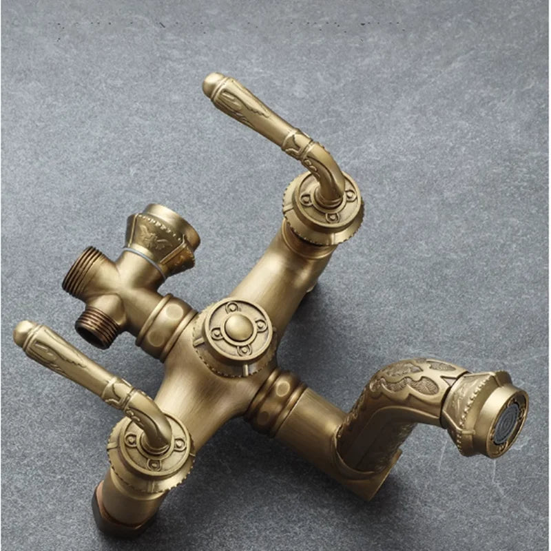 Antique Bronze Carved Bathroom Shower Faucet Set Wall Mounted Bathtub and Shower Faucet Cold & Hot Bath Shower Mixer Tap Brass