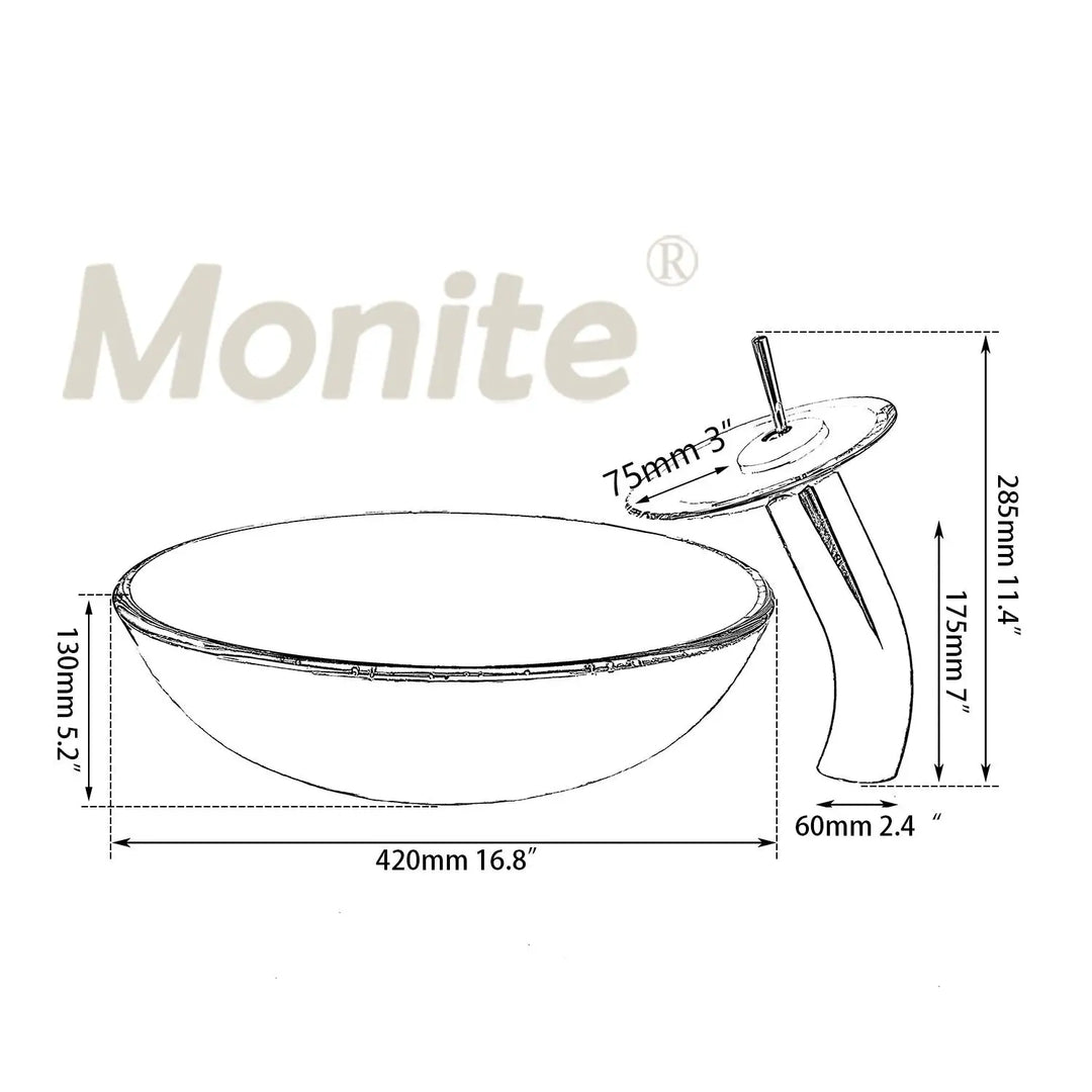 MONITE Tempered Glass Bathroom Sink Set Hand-Painted Art Basin Combine Round Waterfall Bowl Basin Faucet Multiple Styles
