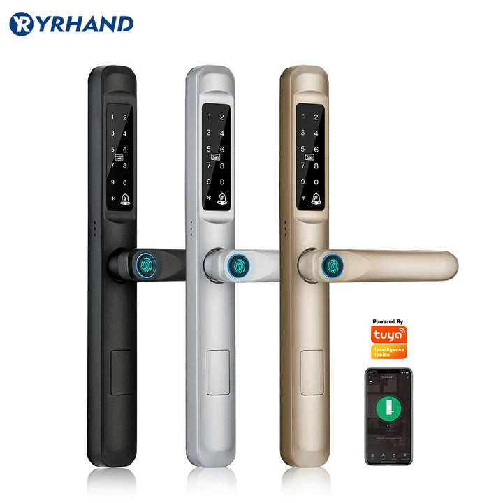 Tuya WiFi App waterproof Smart Door Lock Aluminum Biometric lock fingerprint door handle Digital Keyless lock for Glass Sliding