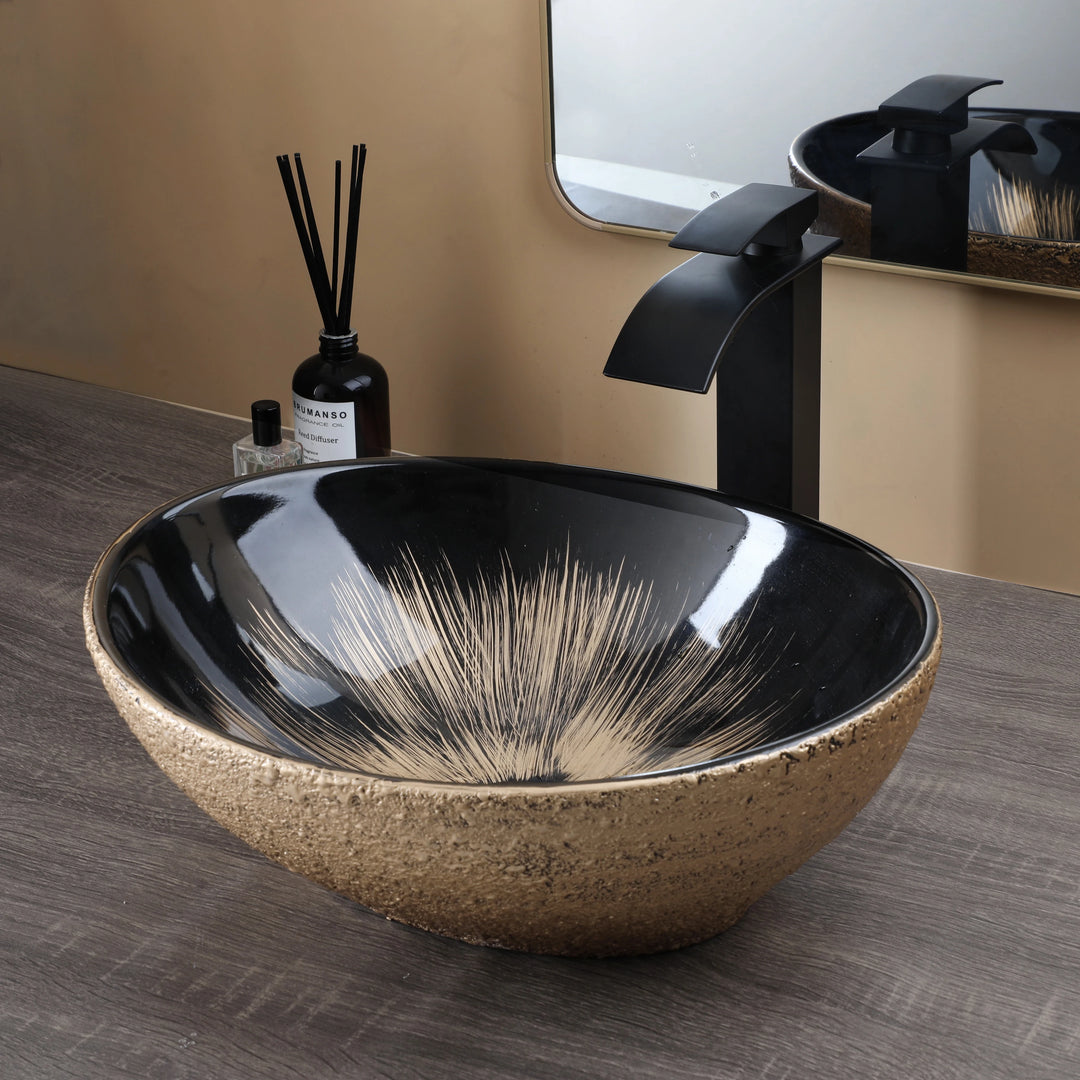 KEMAIDI Oval Vessel Sink with Faucet White Marbling Bathroom Vessel Sinks Above Counter  Ceramic Vessel Sinks for Bathroom Mixer