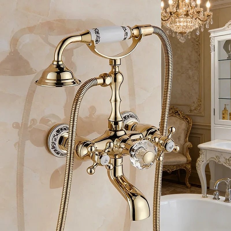 Luxury Golden Bathtub Faucet - Brass Bathroom Faucet with Rotating Spout & Shower, Brass Construction