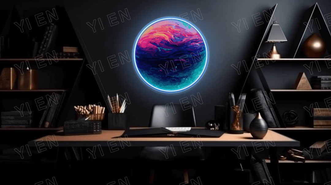 Planet Neon LED Light Acrylic Sign: AI Midjourney Generated Round Design, RGB Option , Galaxy Wall Art Decor for Home, Restaura