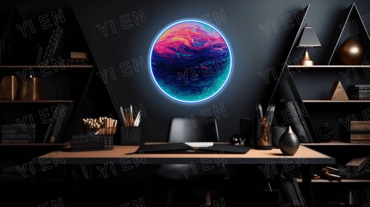 Planet Neon LED Light Acrylic Sign: AI Midjourney Generated Round Design, RGB Option , Galaxy Wall Art Decor for Home, Restaura