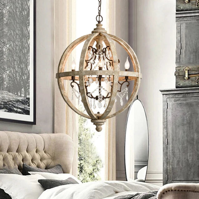 Globe Wood Chandelier Bedroom Living Room Hanging Lights Antique Round Sphere Wooden Chandelier