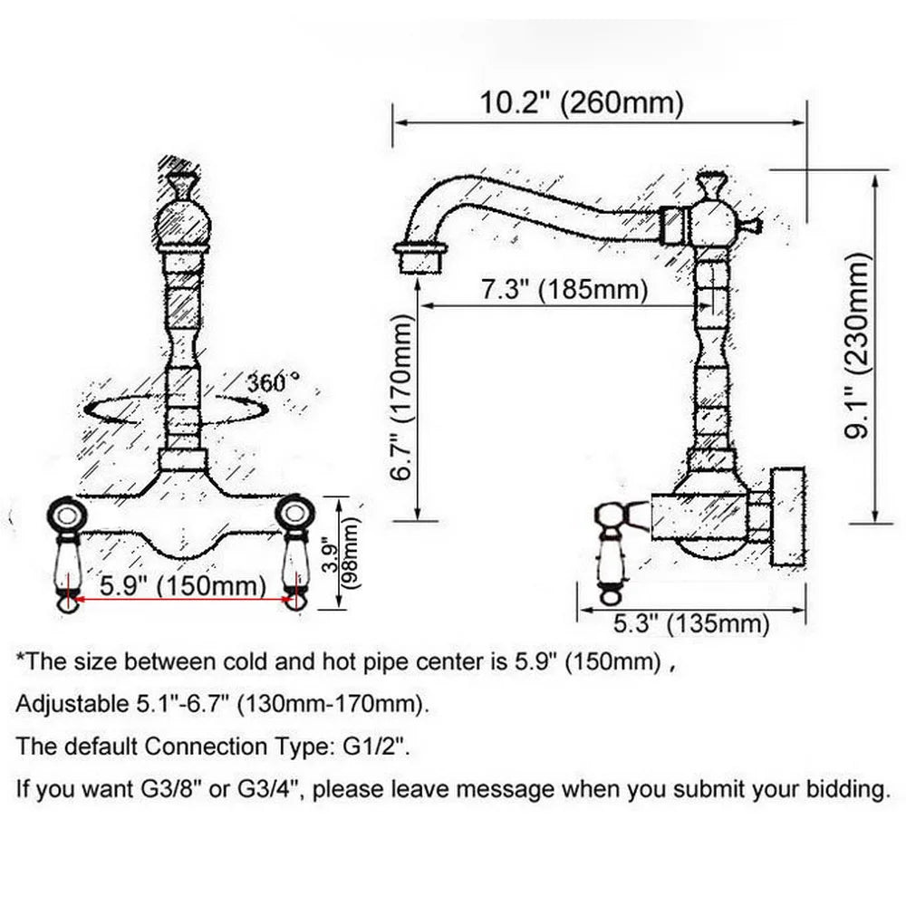 Wall Mounted Antique Red Copper Brass Bathroom Kitchen Swivel Spout Faucet Mixer Water Tap anf954