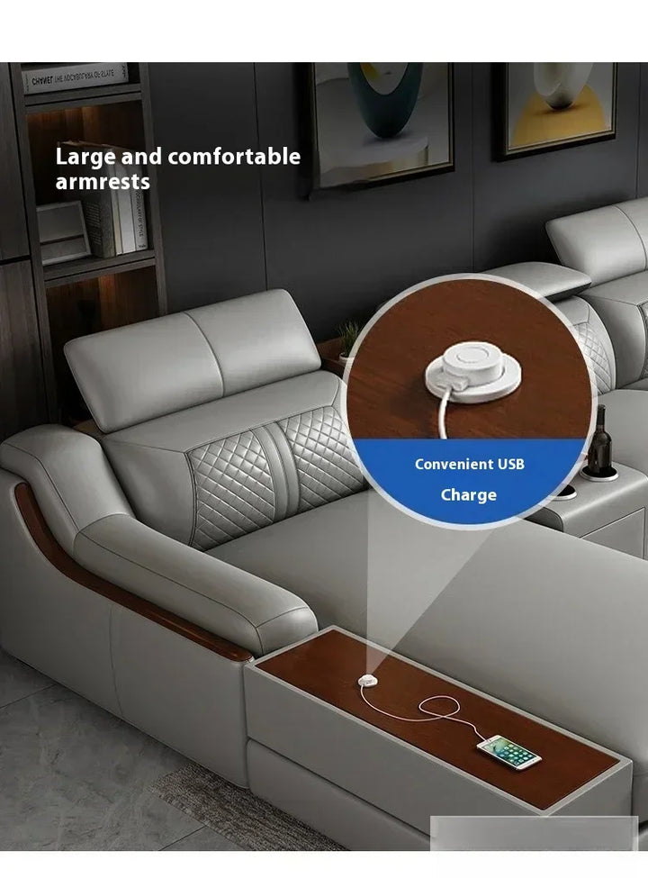 Stylish Italian Genuine Leather Sofa for Living Room with Cup Holder, USB, Adjustable Headrests & Bluetooth Speaker - Lazy Sofa