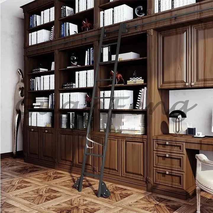 Bookshelf Mobile wrought iron Track ladder Bookshelf Library Home  Indoor attic one-word ladder