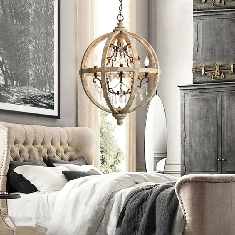 Globe Wood Chandelier Bedroom Living Room Hanging Lights Antique Round Sphere Wooden Chandelier