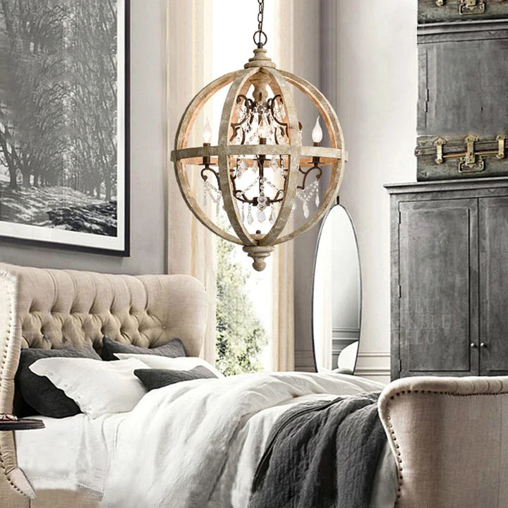 Globe Wood Chandelier Bedroom Living Room Hanging Lights Antique Round Sphere Wooden Chandelier