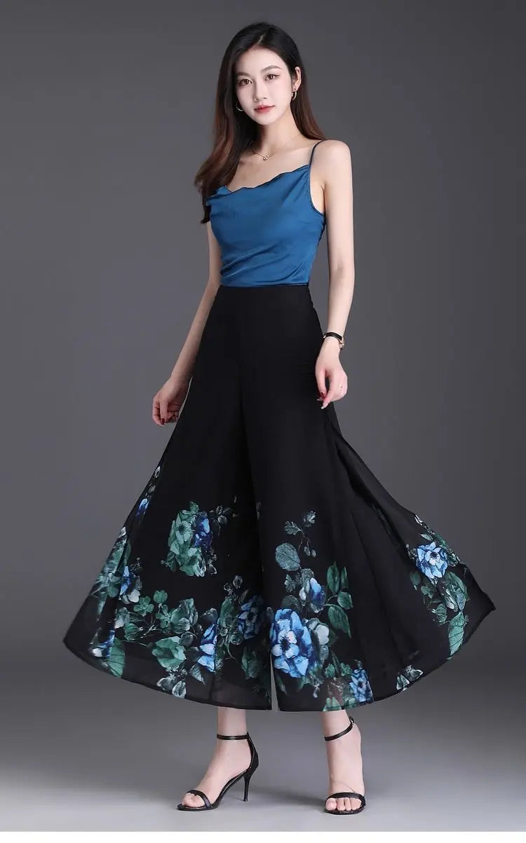 Thin Chinese Style Floral Chiffon Wide Leg Pants Women Tie Die Printed Button Loose High Waist Vintage Straight Trousers
