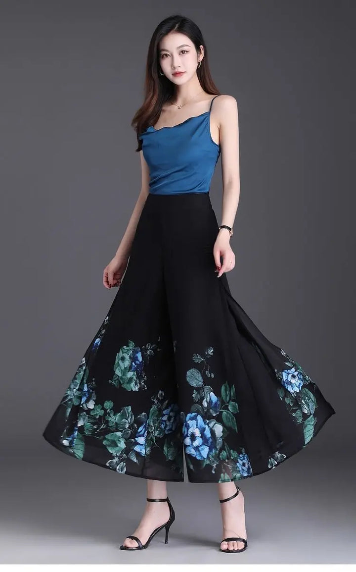 Thin Chinese Style Floral Chiffon Wide Leg Pants Women Tie Die Printed Button Loose High Waist Vintage Straight Trousers