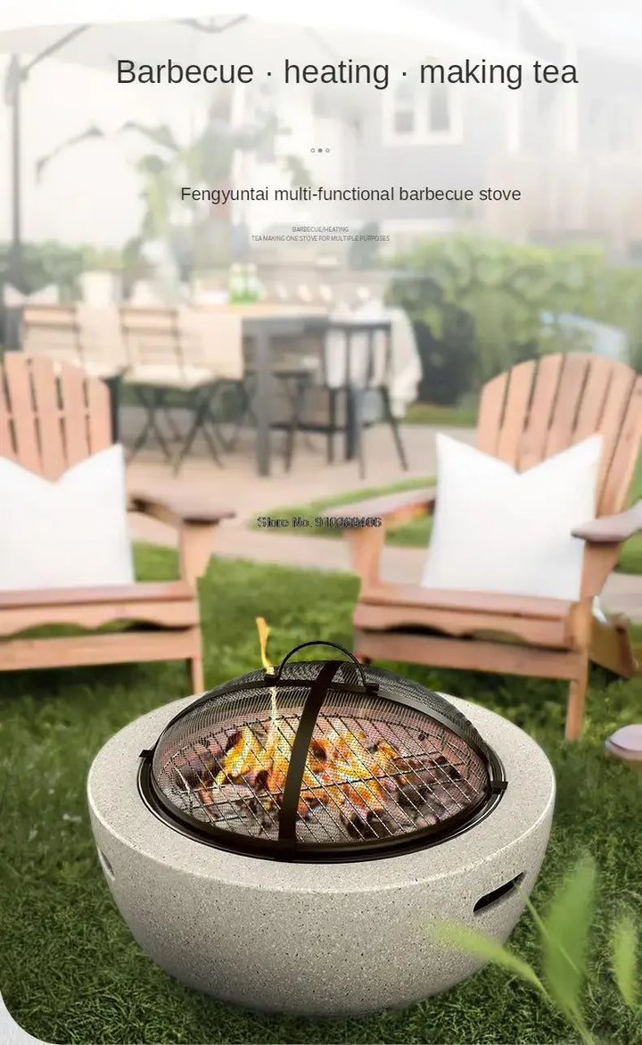 Round Outdoor Fire Pit Table Household Charcoal Brazier Garden Courtyard Barbecue Grill with Mesh Enclosure and Barbecue Net