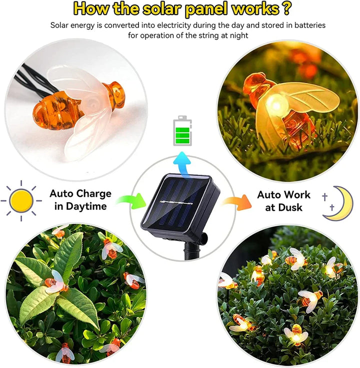 Solar Bee LED String Lights Outdoor Holiday Party Lighting Night Lamp for Garden