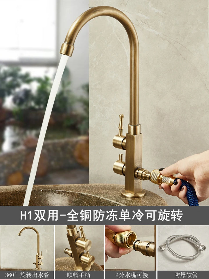 Outdoor Antifreeze Faucet Antique Brass Balcony Wash Basin Single Cooling Faucet Vanity 360°Swivel Rotate Spout Only Cold Tap