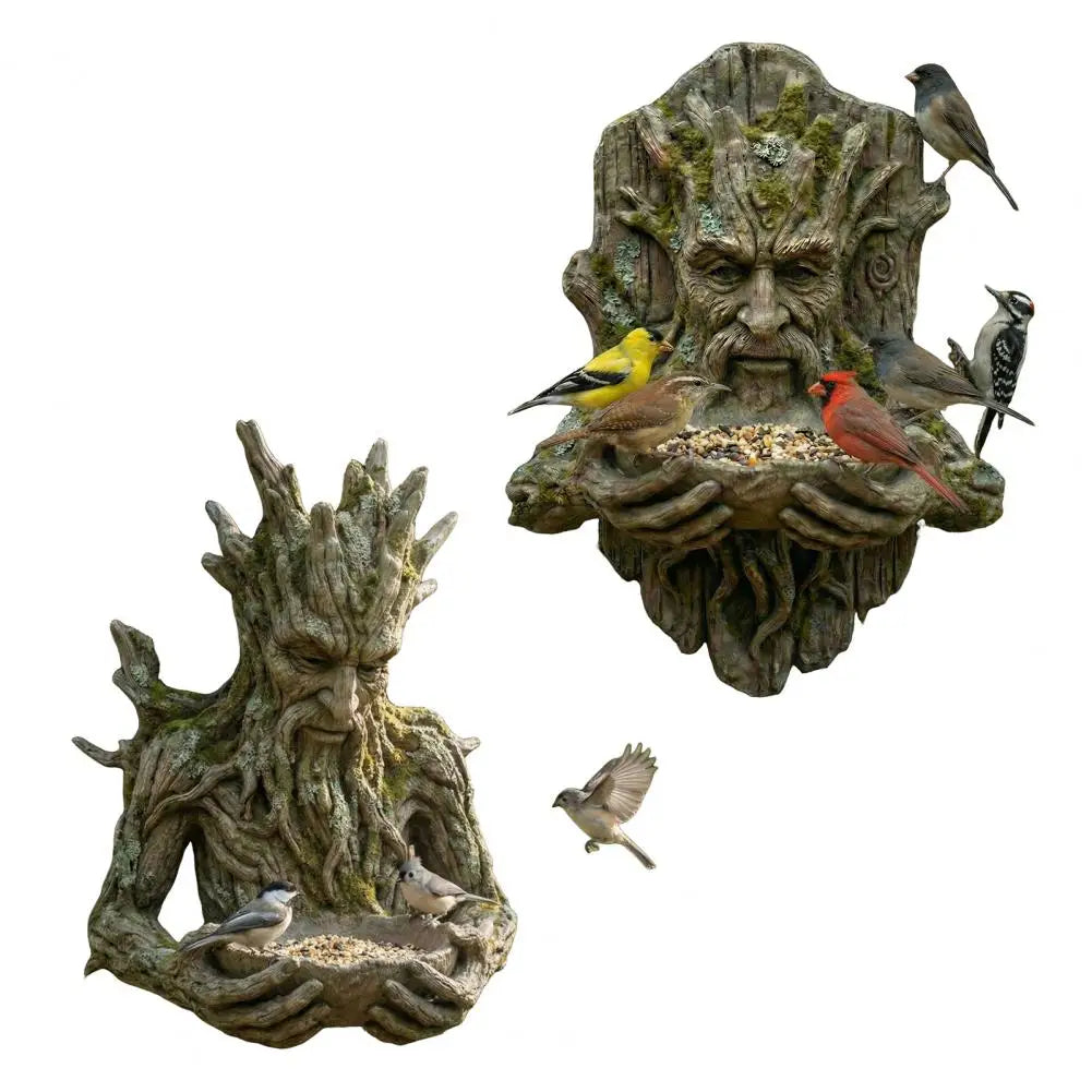 Mounted on Tree Bird Feeder Tree Face Bird Feeder Weatherproof Resin Decorative Birdseed Holder for Garden Backyard