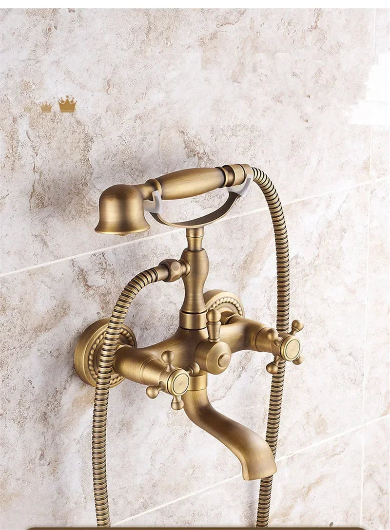 Antique Bathtub Shower Faucet Set Wall Mounted Black Bath Shower Faucet Bathroom Cold and Hot Bath and Shower Mixer Taps Brass