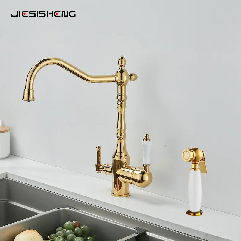 Brass light luxury three-in-one pure water faucet household sink washbasin hot and cold water faucet anti-splash