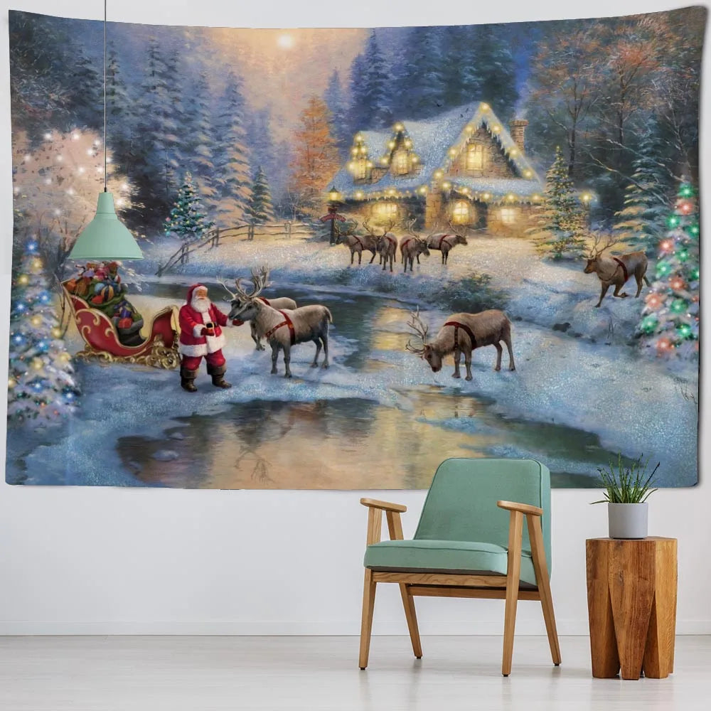 Christmas tapestry, winter snow view, Santa Claus, elk fireplace, room art decoration, wall hanging cloth,
