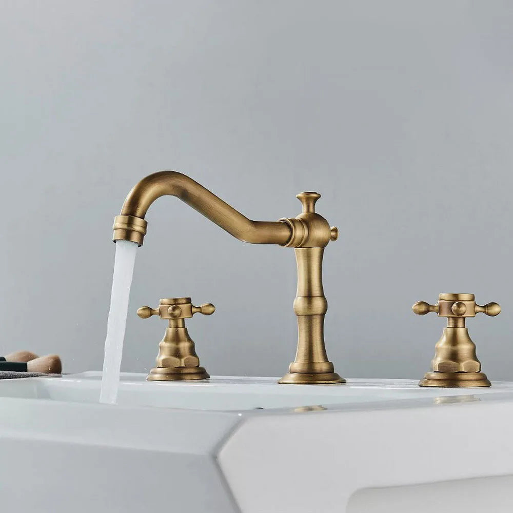 Bathroom Basin Faucet 3 Hole Deck Mounted Dual Handle Hot Cold Mixer Water Tap Brass Basin Sink Faucet Nzh041
