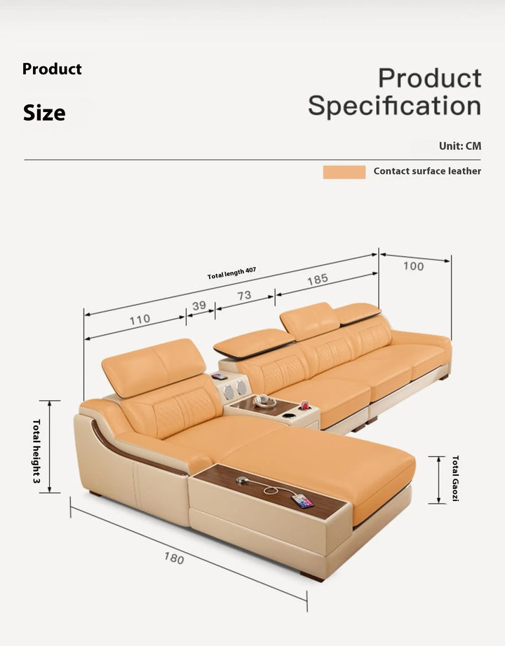 Stylish Italian Genuine Leather Sofa for Living Room with Cup Holder, USB, Adjustable Headrests & Bluetooth Speaker - Lazy Sofa