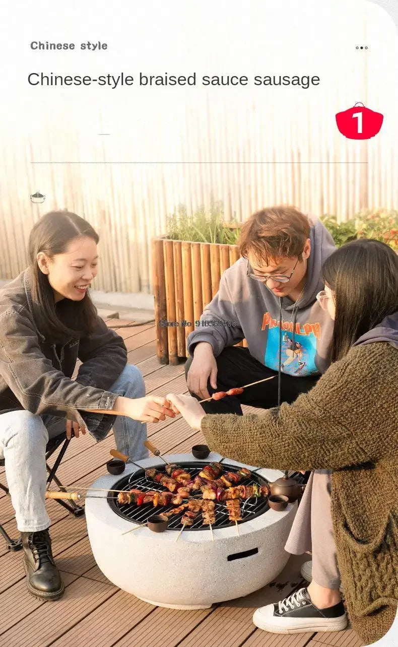 Round Outdoor Fire Pit Table Household Charcoal Brazier Garden Courtyard Barbecue Grill with Mesh Enclosure and Barbecue Net