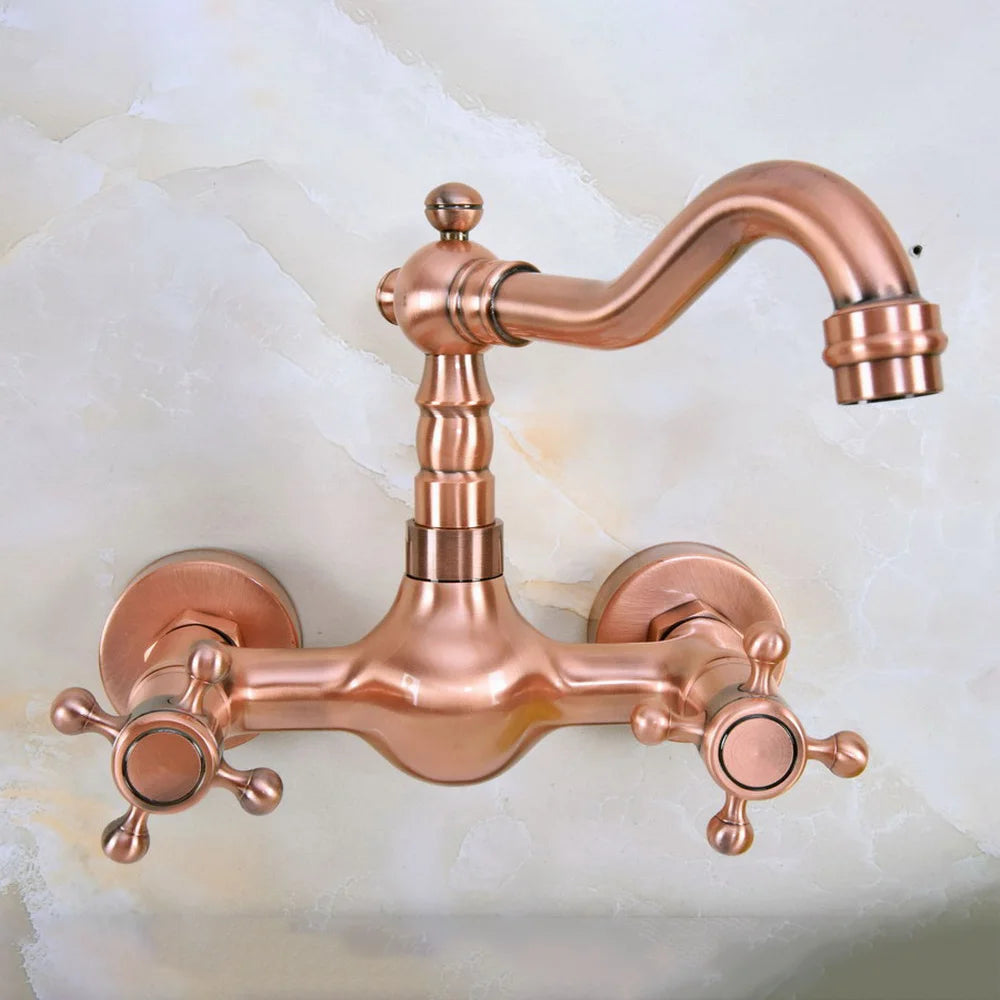 Antique Red Copper Bathroom Kitchen Sink Basin Faucet Mixer Tap Swivel Spout Wall Mounted Dual Cross Handles Nnf946