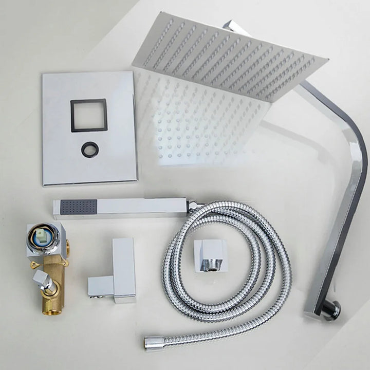 Torayvino Bathroom Shower Set LED Square Rainfall Shower Head Wall Mounted W/ Control Valve Hand Sprayer Chrome Polished Kit