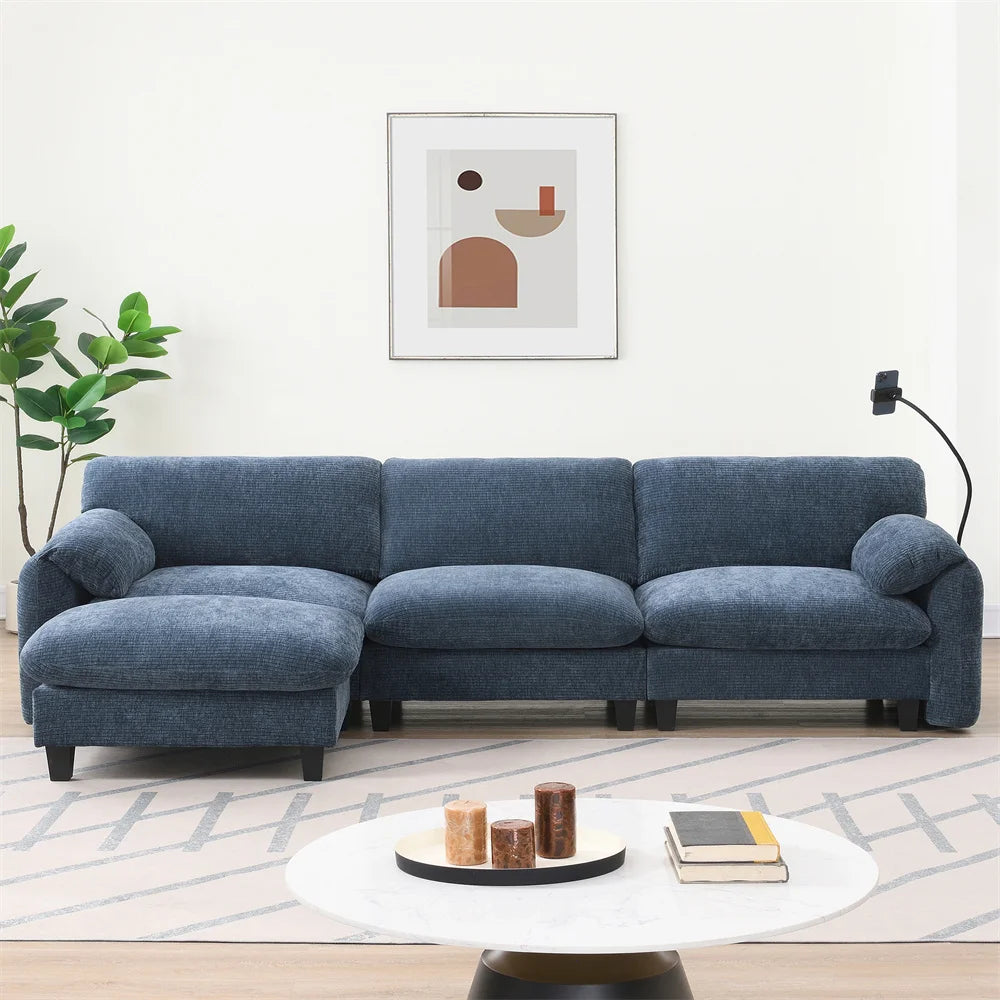 Sectional Sofa Couch with Ottoman Wholesale L-Shape with Extra-Wide Seat Cushion USB Type-C Charger Phone Holder Modular