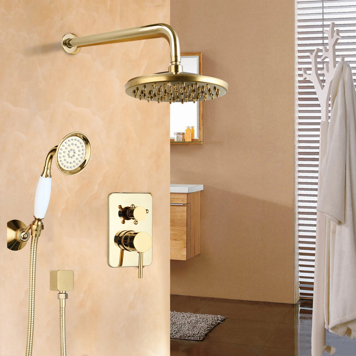 KEMAIDI Golden Plated Shower Faucet Set Solid Brass Wall Mounted Rainfall Shower Mixer Tap 8 Inch Round Style Shower Faucet Set