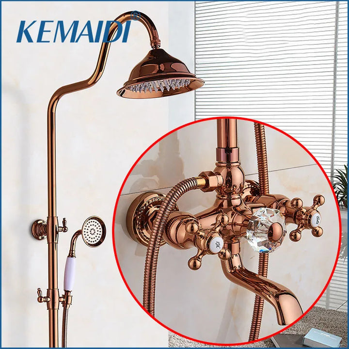 KEMAIDI Classic Bathroom Shower Set  Rose Gold Bath Shower Systerm W/ Big Rainfall Shower Head Swivel Bathtub Faucet Mixer Tap